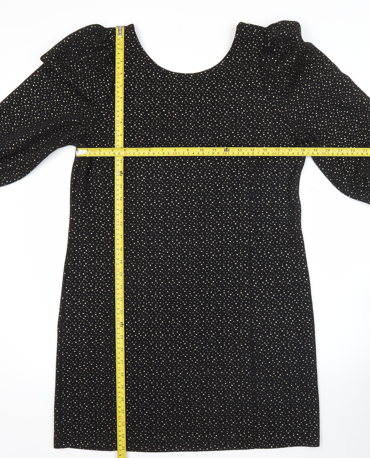 Monki Women Black Polka Dot Shift Dress Size 12 3/4 Sleeve Scoop Neck