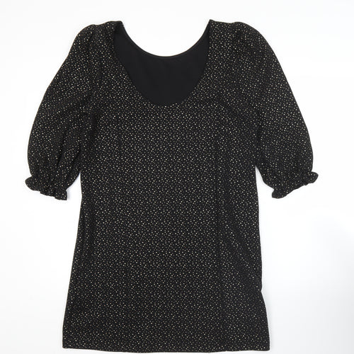 Monki Women Black Polka Dot Shift Dress Size 12 3/4 Sleeve Scoop Neck