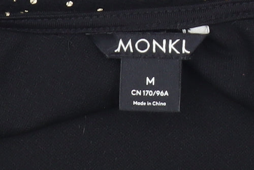 Monki Women Black Polka Dot Shift Dress Size 12 3/4 Sleeve Scoop Neck