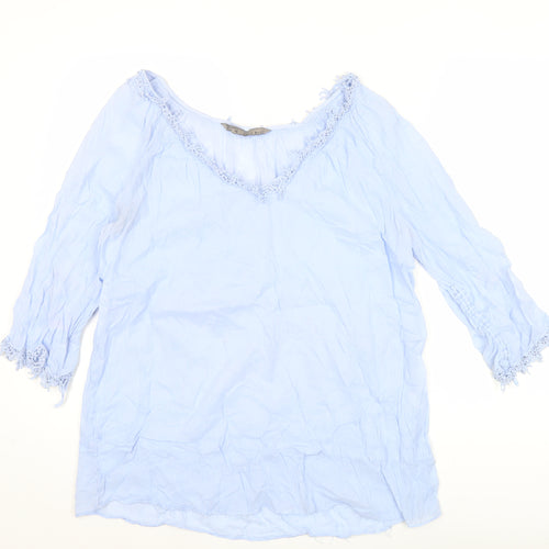 Zara Women Blue Tunic Blouse Size 10 Crochet V-Neck 3/4 Sleeve