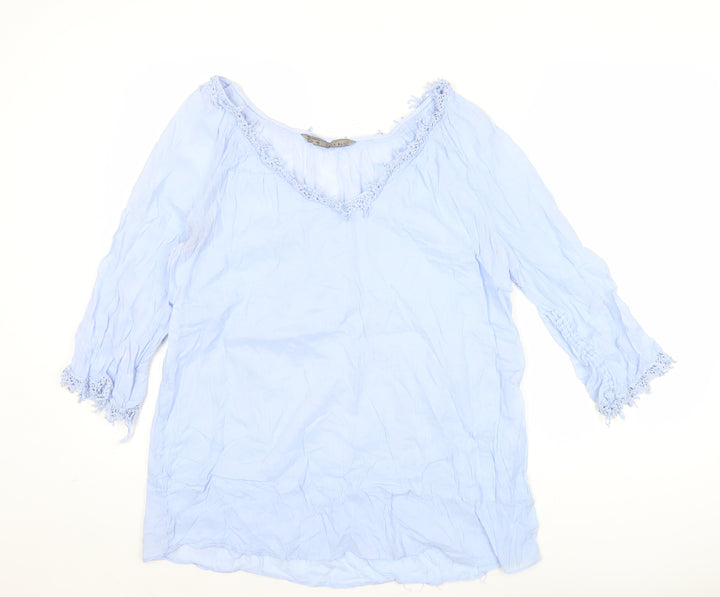 Zara Women Blue Tunic Blouse Size 10 Crochet V-Neck 3/4 Sleeve