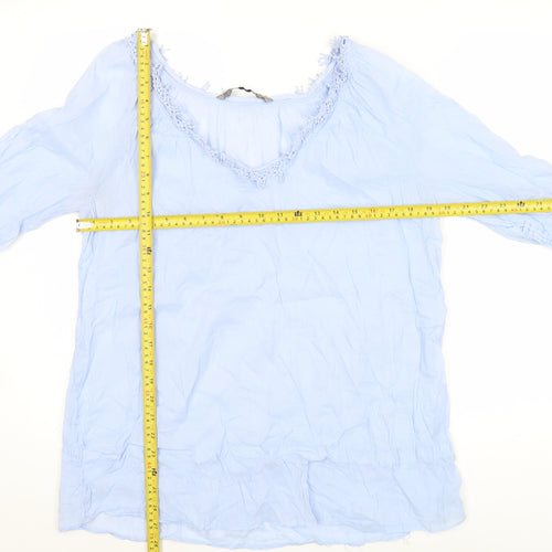 Zara Women Blue Tunic Blouse Size 10 Crochet V-Neck 3/4 Sleeve