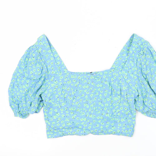 Mango Womens Blue Floral Cropped Puff Sleeve Blouse Size 8