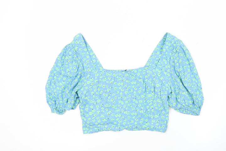 Mango Womens Blue Floral Cropped Puff Sleeve Blouse Size 8
