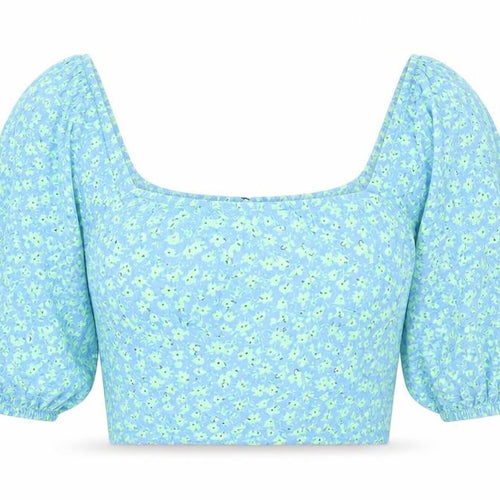Mango Womens Blue Floral Cropped Puff Sleeve Blouse Size 8