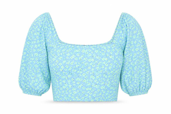 Mango Womens Blue Floral Cropped Puff Sleeve Blouse Size 8