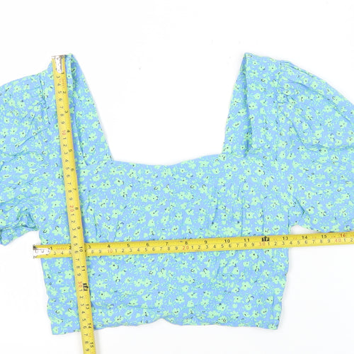 Mango Womens Blue Floral Cropped Puff Sleeve Blouse Size 8
