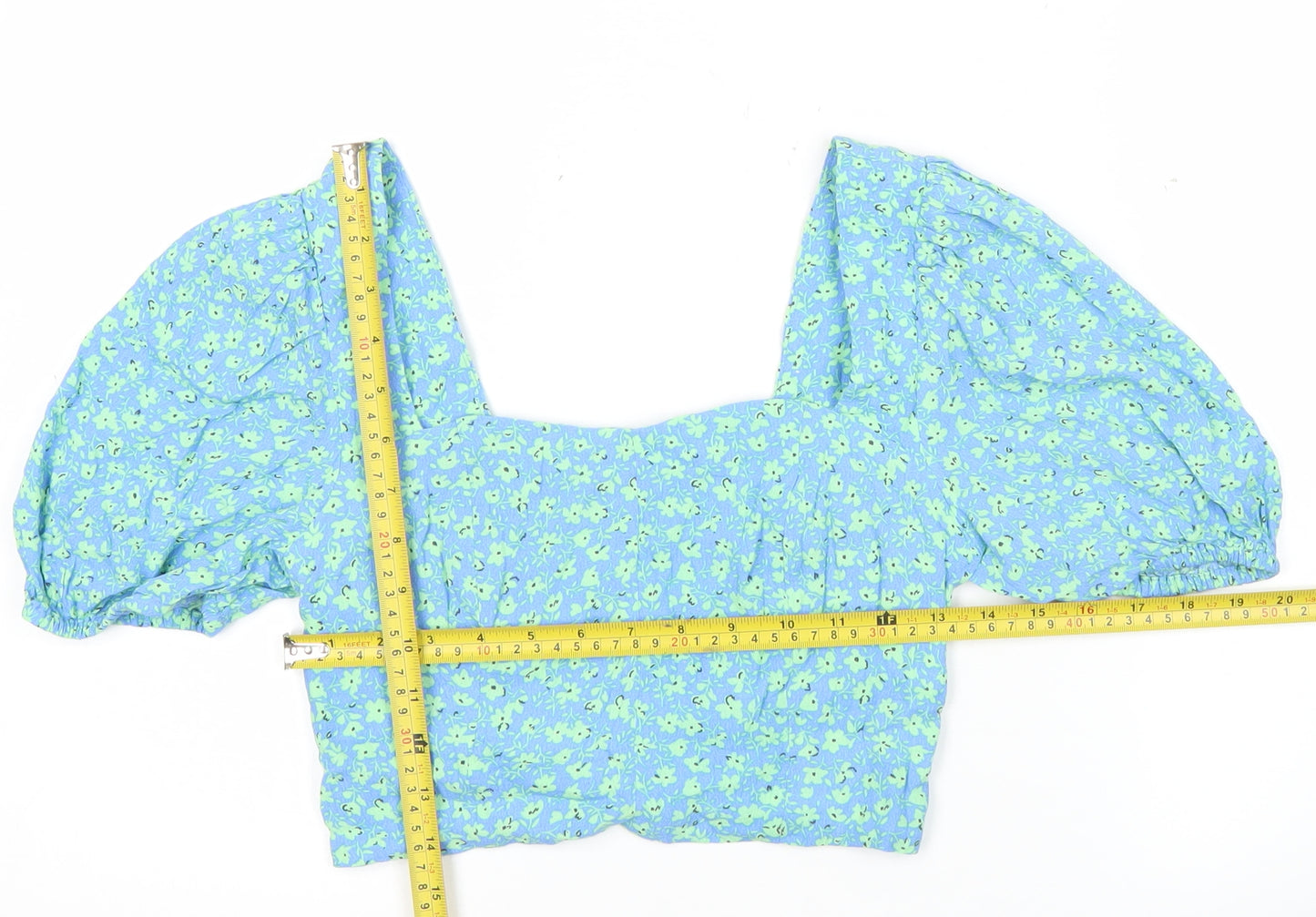 Mango Womens Blue Floral Cropped Puff Sleeve Blouse Size 8