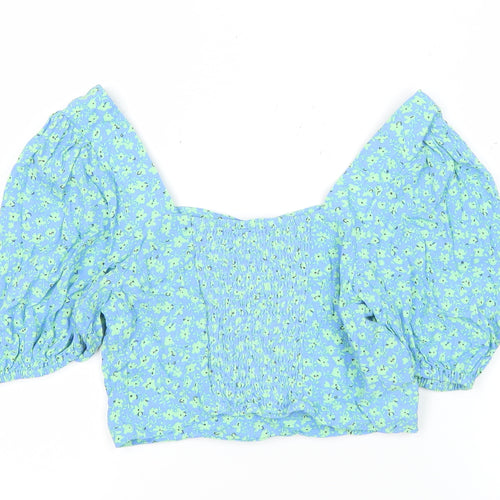 Mango Womens Blue Floral Cropped Puff Sleeve Blouse Size 8
