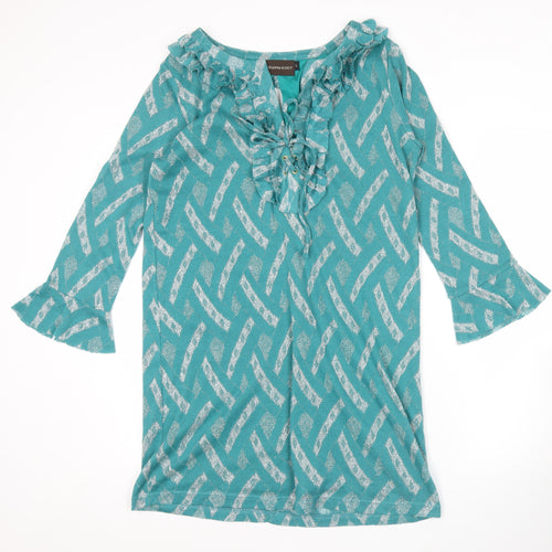 Johanna Schut Women’s Green Shift Dress L 3/4 Sleeve Ruffle V-Neck