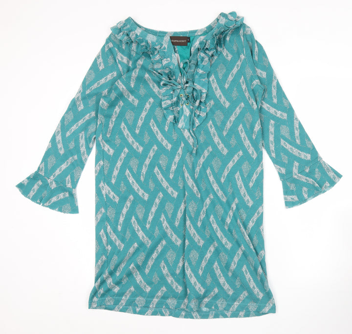 Johanna Schut Women’s Green Shift Dress L 3/4 Sleeve Ruffle V-Neck