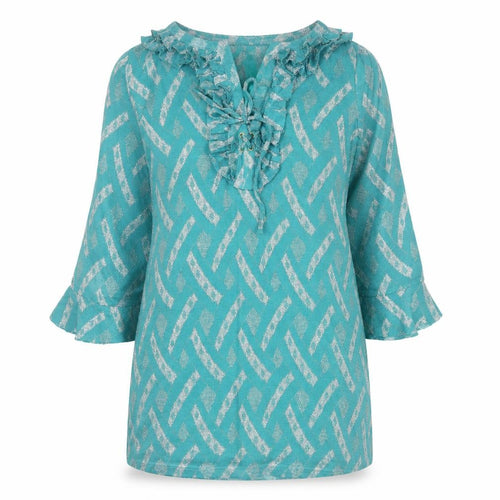 Johanna Schut Women’s Green Shift Dress L 3/4 Sleeve Ruffle V-Neck
