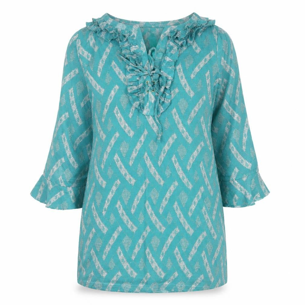Johanna Schut Women’s Green Shift Dress L 3/4 Sleeve Ruffle V-Neck