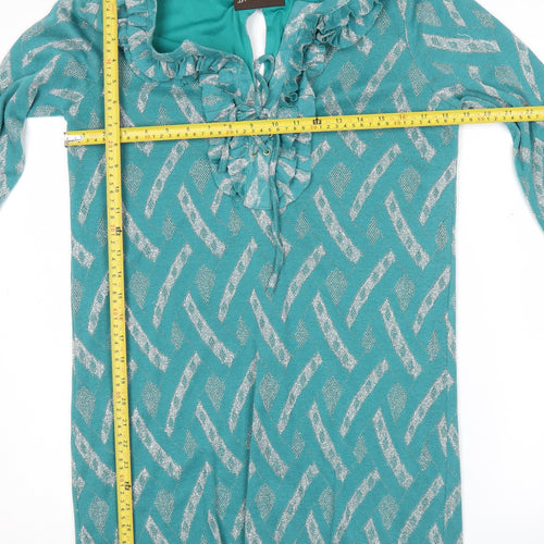 Johanna Schut Women’s Green Shift Dress L 3/4 Sleeve Ruffle V-Neck