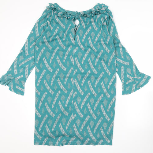 Johanna Schut Women’s Green Shift Dress L 3/4 Sleeve Ruffle V-Neck