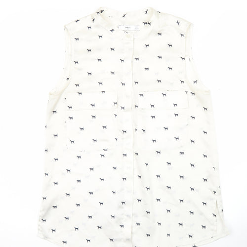 Mango Women’s White Sleeveless Animal Print Button Blouse XS