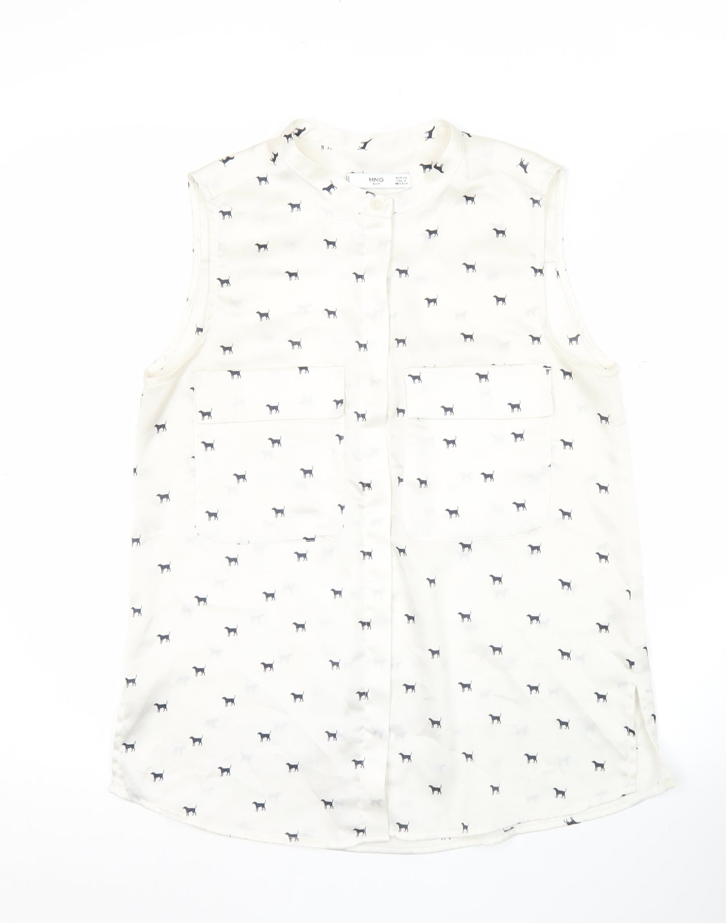 Mango Women’s White Sleeveless Animal Print Button Blouse XS