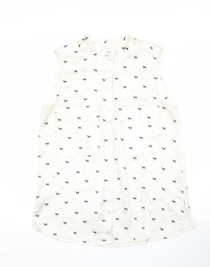 Mango Women’s White Sleeveless Animal Print Button Blouse XS