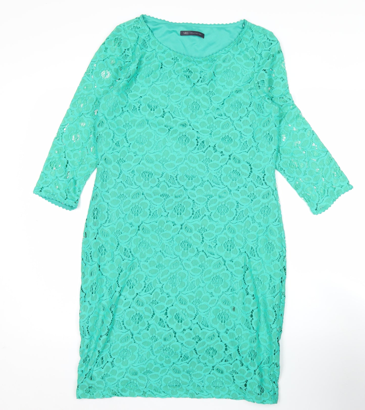 Marks and Spencer Womens Green Lace Sheath Dress UK 12 Short 3/4 Sleeve