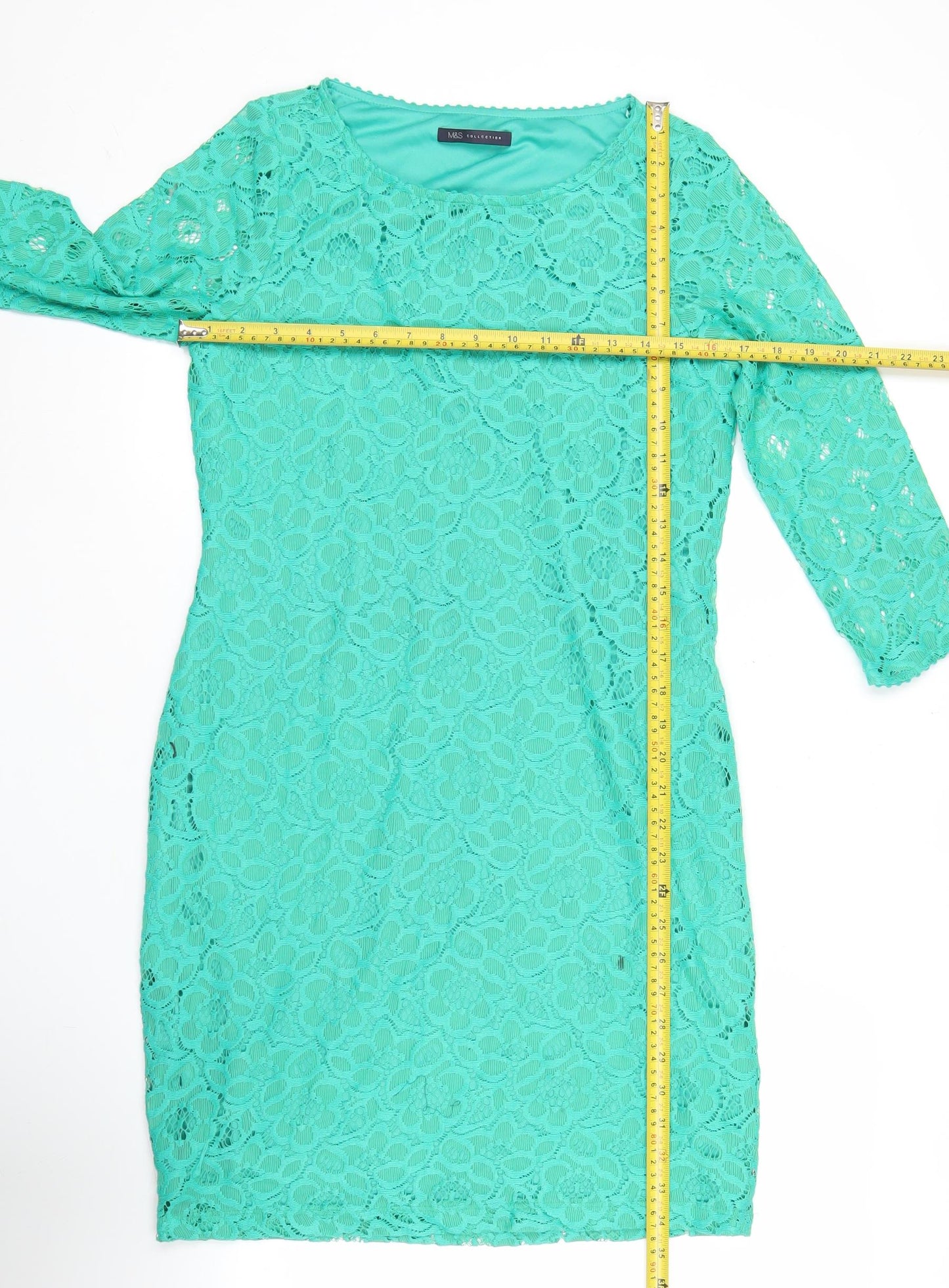 Marks and Spencer Womens Green Lace Sheath Dress UK 12 Short 3/4 Sleeve