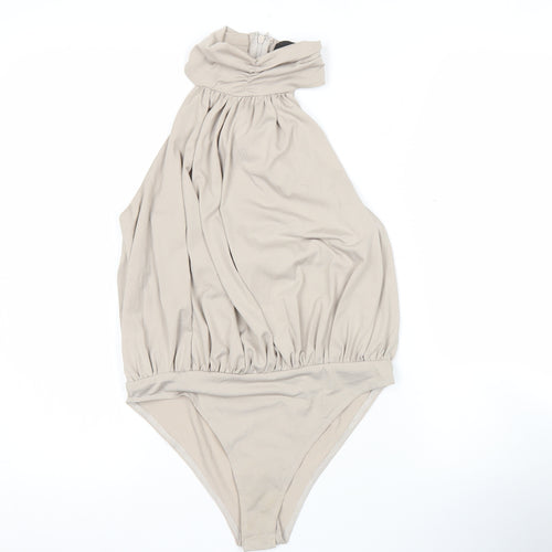 AX Paris Women’s Beige High Neck Halter Bodysuit Blouse Size 8
