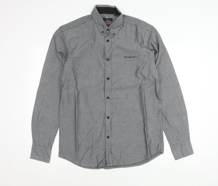 Pierre Cardin Men’s Black Geometric Button-Down Shirt S Regular Fit
