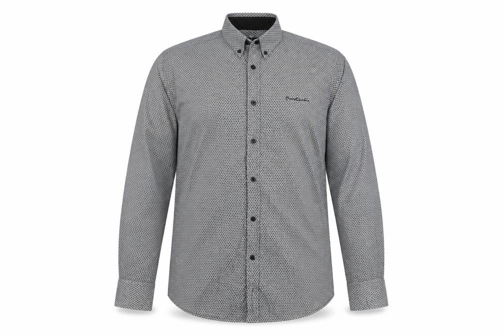 Front view of Pierre Cardin Men’s Black Geometric Button-Down Shirt S Regular Fit