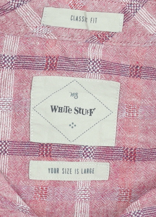 White Stuff Mens Pink Check Linen Cotton Classic Fit Shirt L
