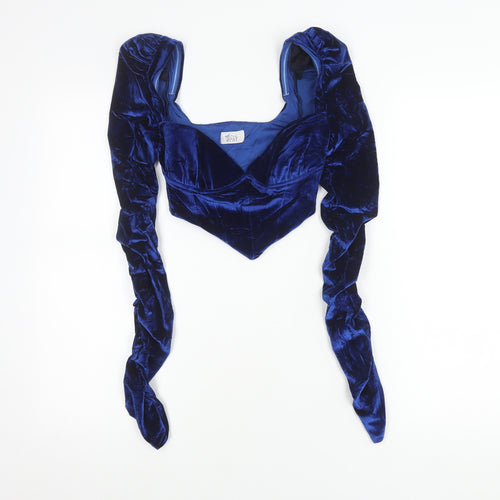 Oh Polly Women’s Blue Velvet Puff Sleeve Cropped Blouse UK 4