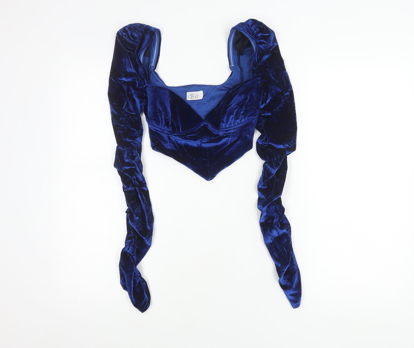 Oh Polly Women’s Blue Velvet Puff Sleeve Cropped Blouse UK 4