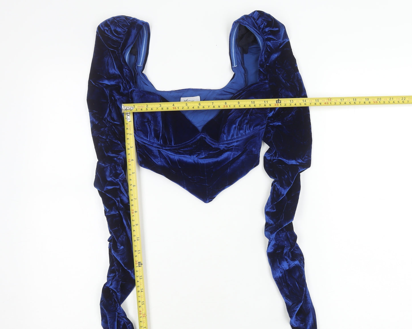 Oh Polly Women’s Blue Velvet Puff Sleeve Cropped Blouse UK 4
