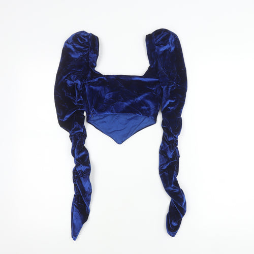 Oh Polly Women’s Blue Velvet Puff Sleeve Cropped Blouse UK 4