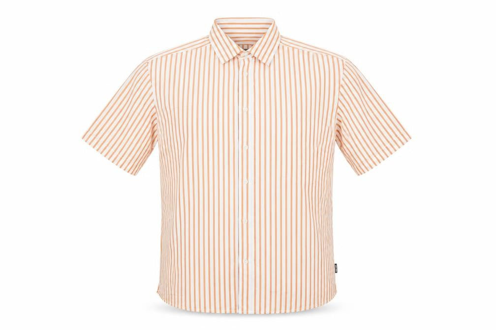Front view of Only & Sons men’s white orange stripe short sleeve regular fit shirt l