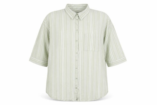 Front view of Nutmeg Women Green Striped Cotton Button-Up Shirt, size 18