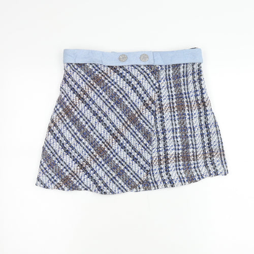 Zara Womens Blue Brown Tweed Check Short Skirt Lined Size L
