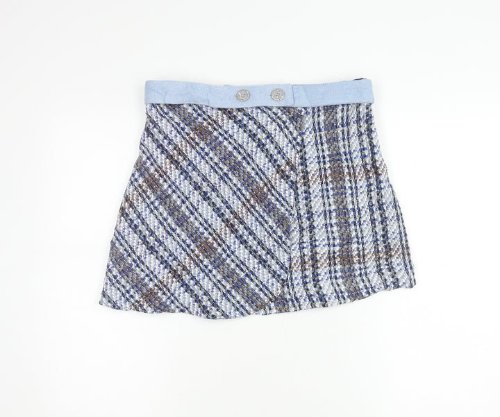 Zara Womens Blue Brown Tweed Check Short Skirt Lined Size L