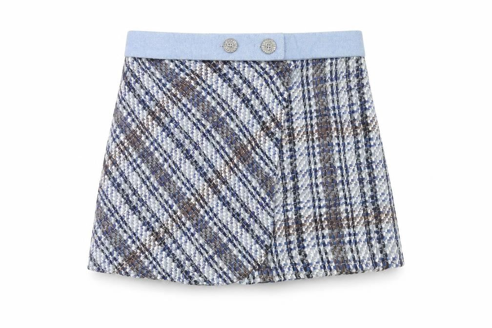 Front view of Zara women’s blue brown tweed check short skirt lined, size L