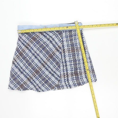 Zara Womens Blue Brown Tweed Check Short Skirt Lined Size L