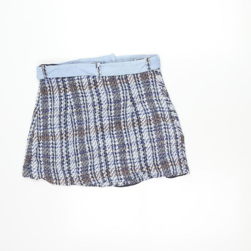 Zara Womens Blue Brown Tweed Check Short Skirt Lined Size L