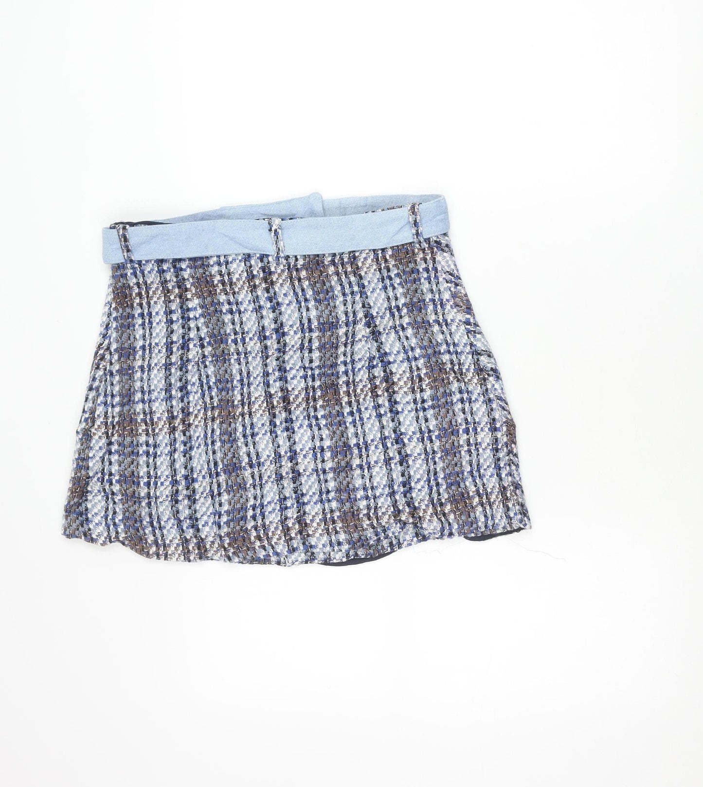 Zara Womens Blue Brown Tweed Check Short Skirt Lined Size L