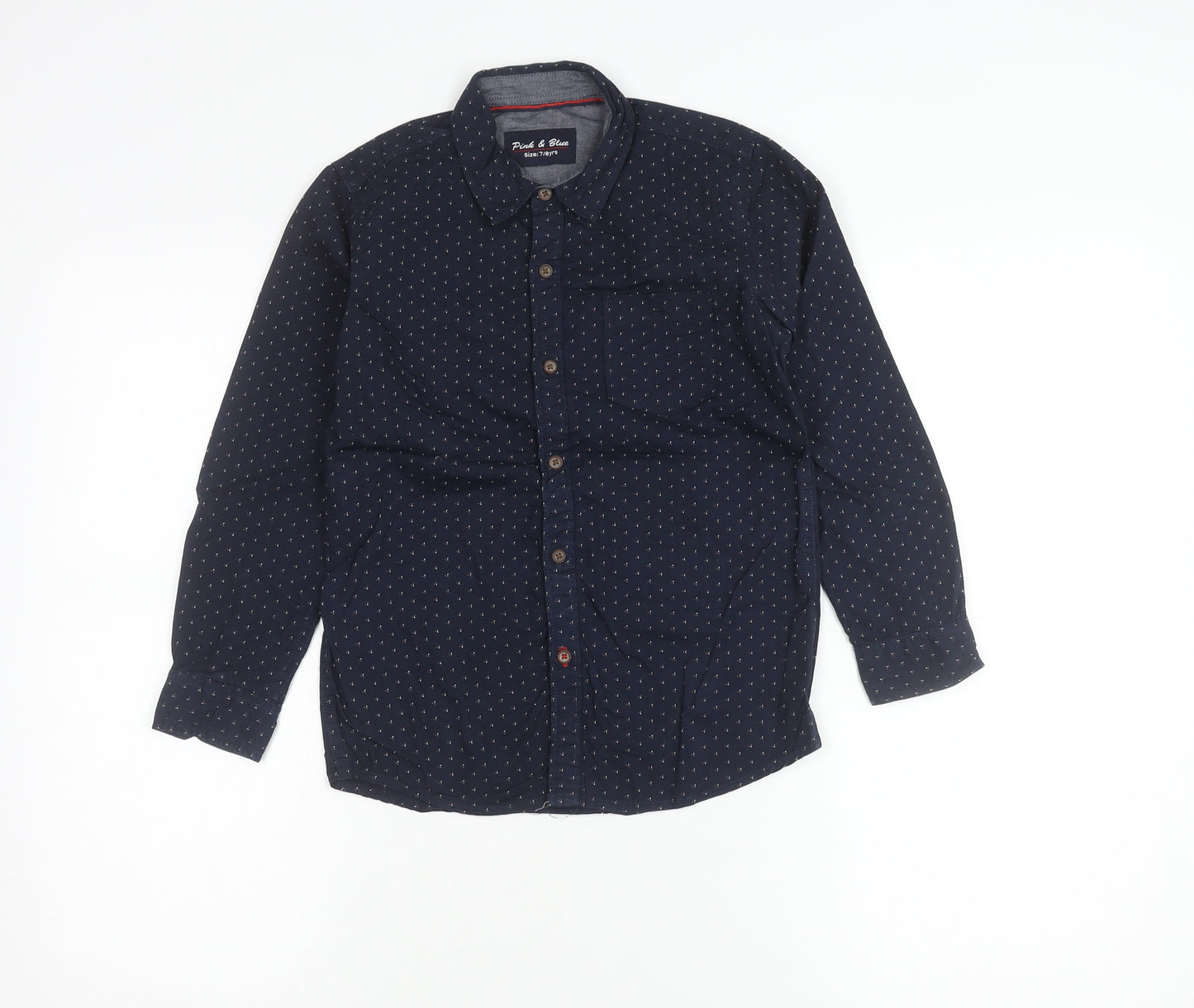 Pink & Blue Boys Navy Polka Dot Long Sleeve Cotton Button-Up Shirt 7-8 Years