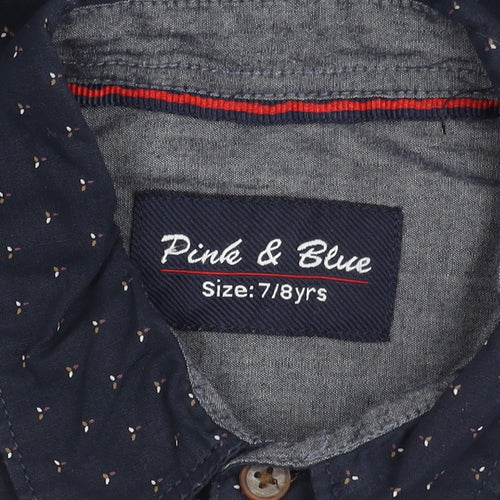 Pink & Blue Boys Navy Polka Dot Long Sleeve Cotton Button-Up Shirt 7-8 Years