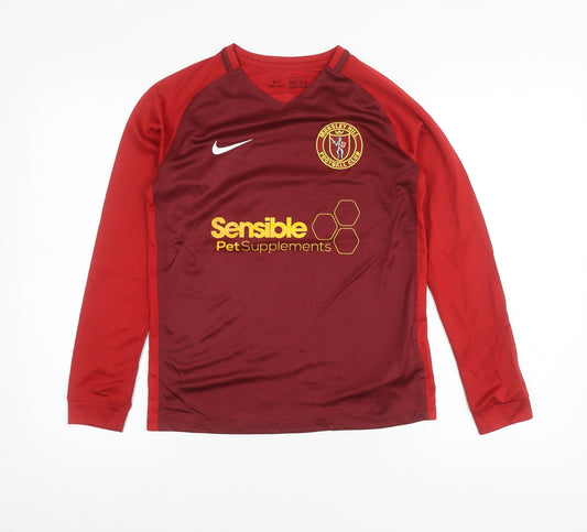 Front view of Nike boys’ red football jersey long sleeve training top, size 12-13y