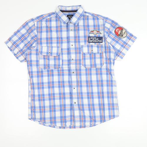 Benzini Mens Blue Check Short Sleeve Button-Up Shirt L Casual