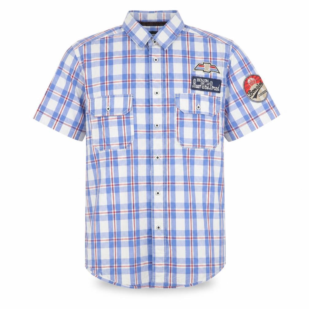 Benzini Mens Blue Check Short Sleeve Button-Up Shirt L Casual