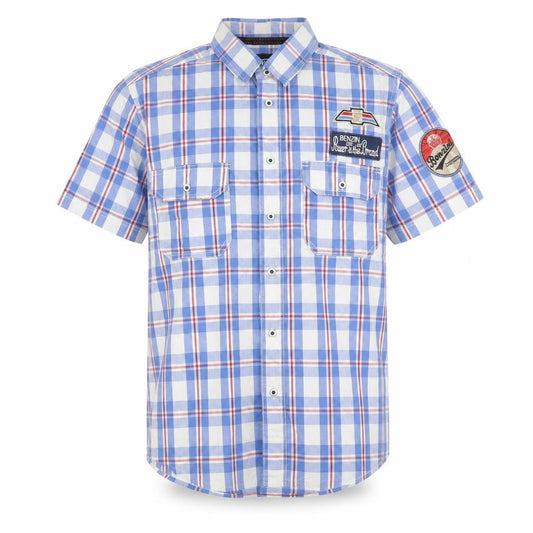 Front view of Benzini men’s blue check short sleeve button-up shirt l casual