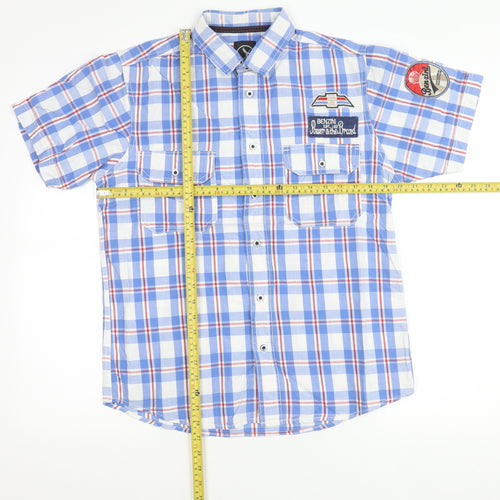 Benzini Mens Blue Check Short Sleeve Button-Up Shirt L Casual