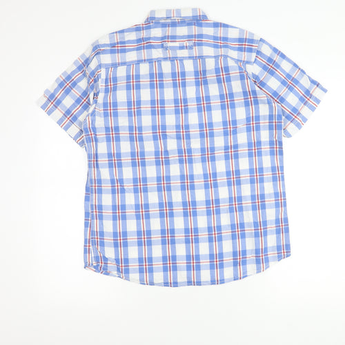 Benzini Mens Blue Check Short Sleeve Button-Up Shirt L Casual