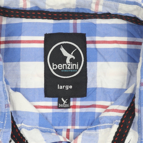 Benzini Mens Blue Check Short Sleeve Button-Up Shirt L Casual