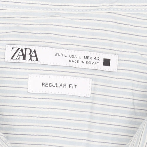Zara Men Blue Striped Regular Fit Cotton Long Sleeve Shirt L 42